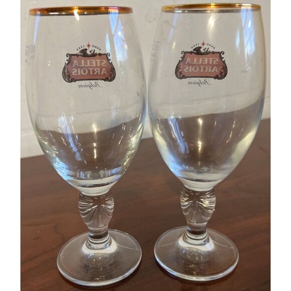 STELLA ARTOIS Limited Edition Drinking Glass Chalice 33cl Gold Rimmed Set Of 2 - Picture 3 of 8